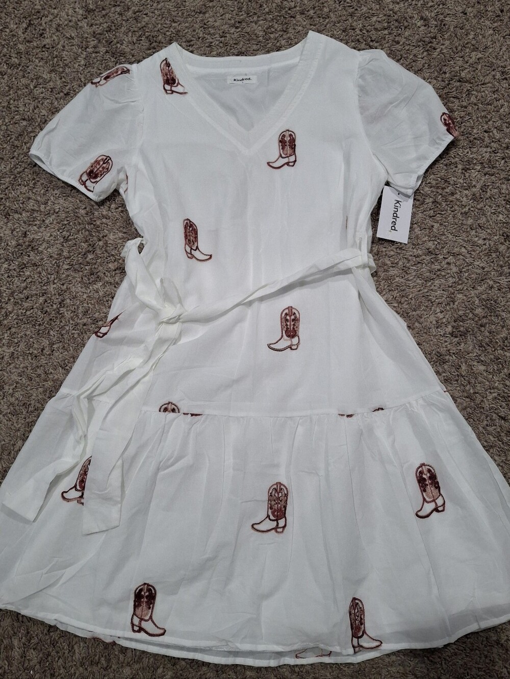 Kindred Cotton White Dress with Embroidery Brown Cowboy Boot Print Size S NWT